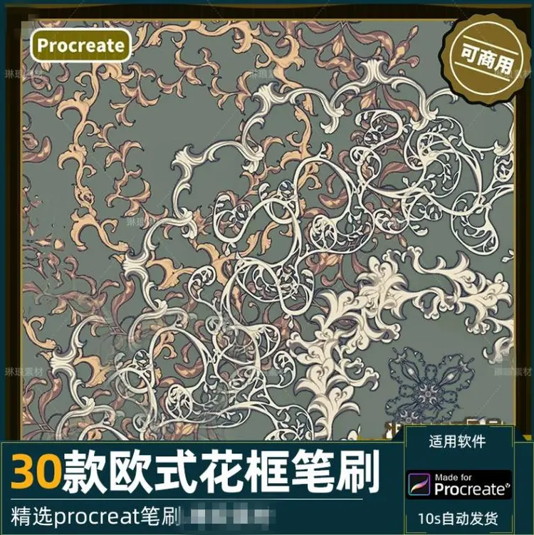 30款欧式花框procreate笔刷素材图片 1