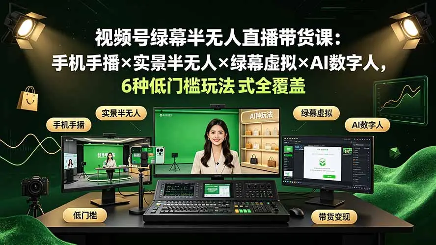 视频号绿幕半无人直播带货课：手机手播×实景半无人×绿幕虚拟×AI数字人