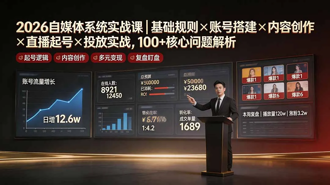 2026自媒体系统实战课｜基础规则×账号搭建×内容创作×直播起号×投放实战