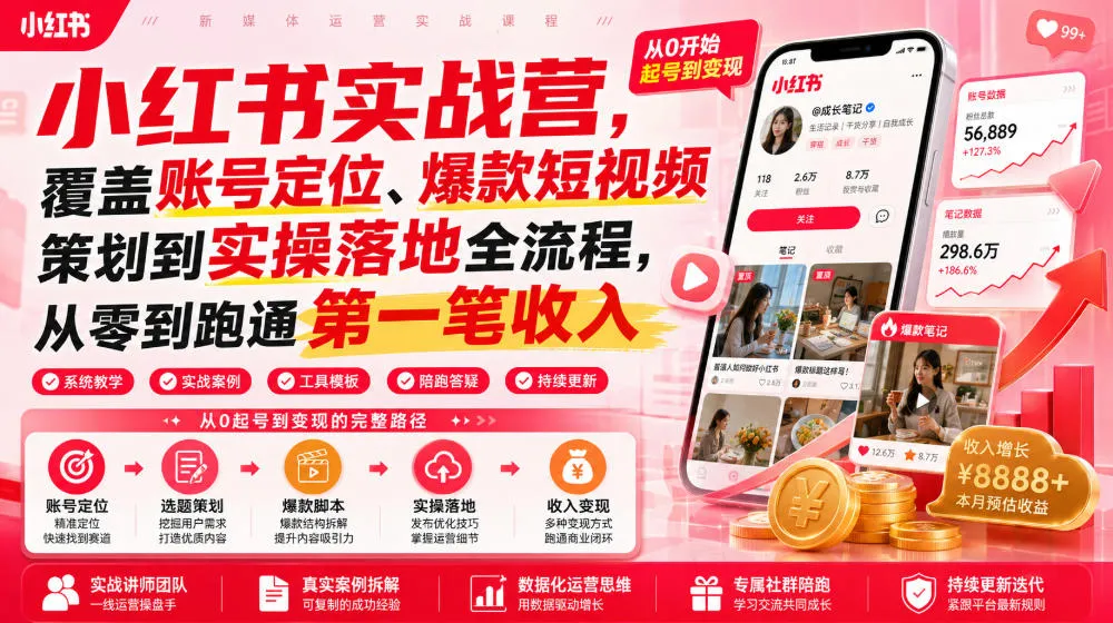 小红书实战营，覆盖账号定位、爆款短视频策划到实操落地全流程