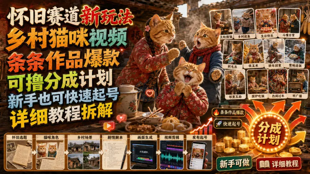 怀旧赛道新玩法，乡村猫咪视频，条条作品爆款
