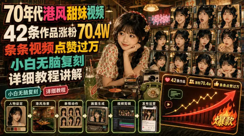 70年代港风甜妹视频，42条作品涨粉70.4W，详细教程讲解