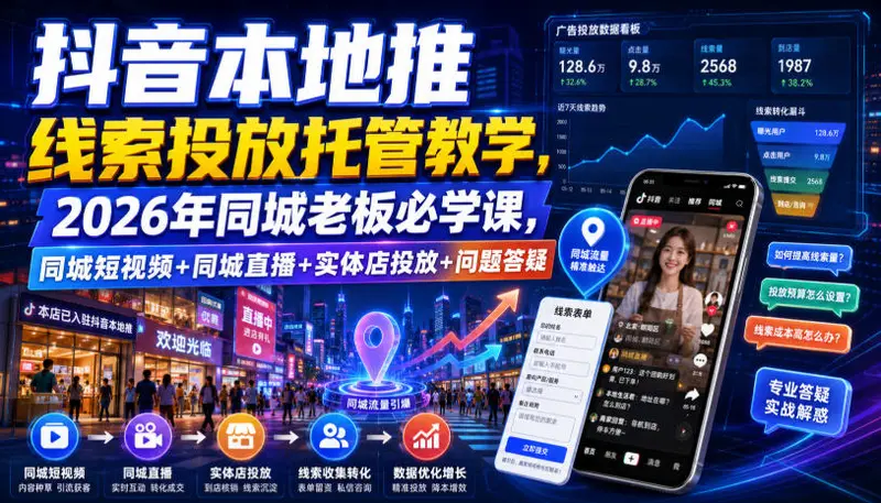 抖音本地推线索投放托管教学，同城短视频+同城直播+实体店投放+问题答疑