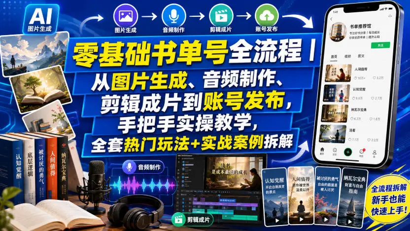 零基础书单号全流程｜从图片生成、音频制作、剪辑成片到账号发布