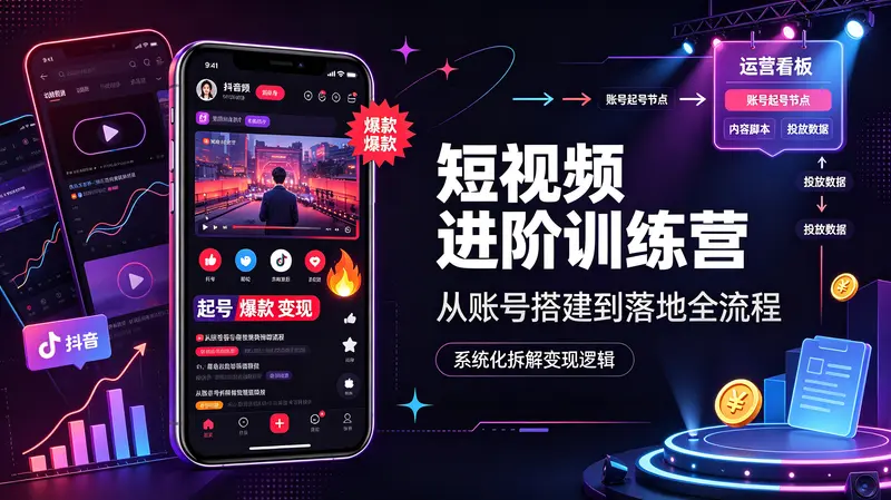 抖音短视频进阶训练营，完整覆盖从账号起号到爆款落地全流程