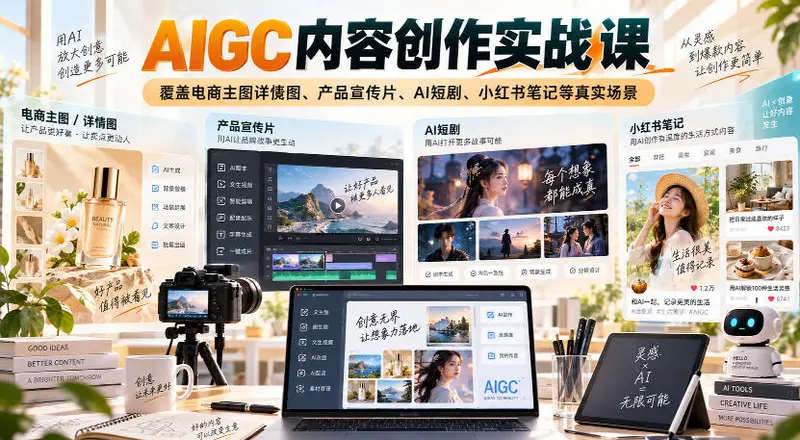AIGC内容创作实战课，覆盖电商主图详情图、产品宣传片、AI短剧