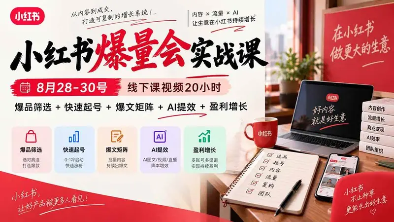 小红书爆量会实战课：8月28-30号线下课视频20小时