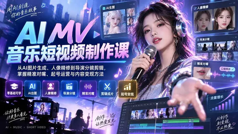 AI MV音乐短视频制作课：从AI图片生成、人像精修到导演分镜剪辑