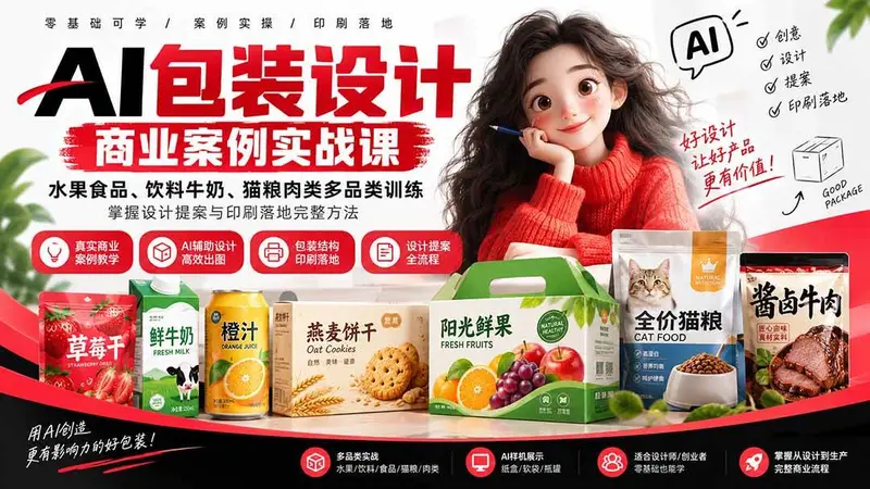 AI包装设计商业案例实战课，掌握设计提案与印刷落地完整方法