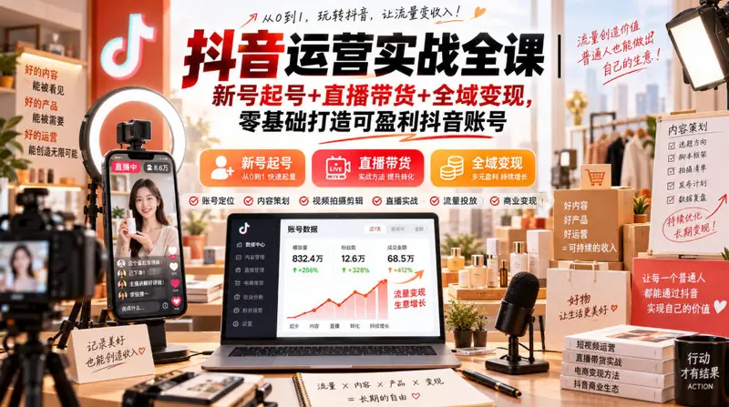 抖音运营实战全课｜新号起号+直播带货+全域变现