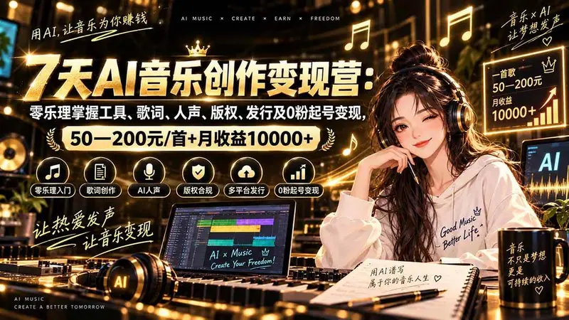 AI音乐创作变现营：零乐理掌握工具、歌词、人声、版权、发行及0粉起号变现
