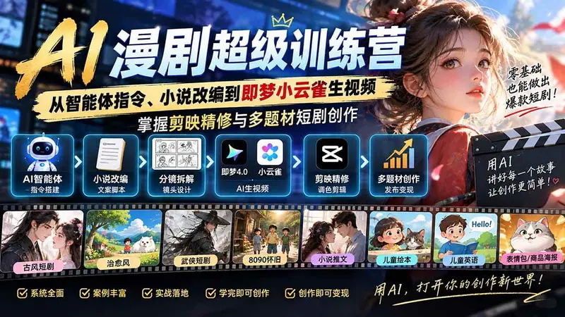 AI漫剧超级特训营，掌握剪映精修与多题材短剧创作