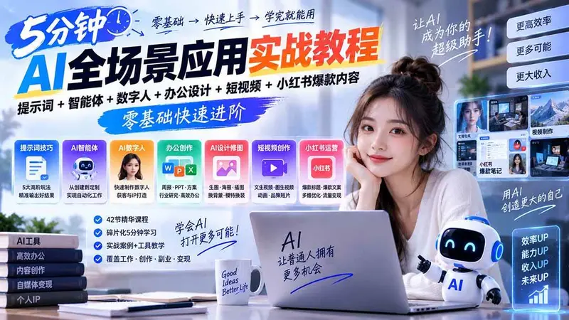 AI全场景应用实战教程｜提示词+智能体+数字人+办公设计+短视频+