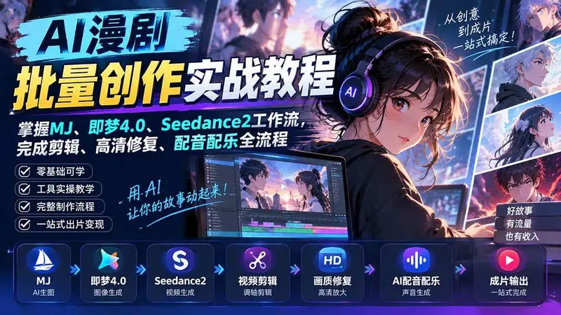 AI漫剧批量创作实战教程：掌握MJ、即梦4.0、Seedance2工作流，完成剪辑