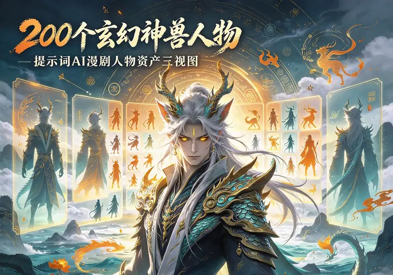 200个玄幻神兽人物+提示词ai漫剧人物资产三视图