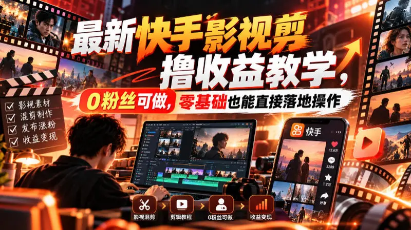 最新快手影视混剪撸收益教学，0粉丝可做，零基础