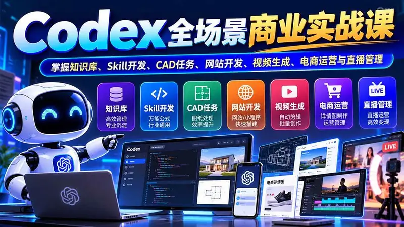 Codex全场景商业实战课：掌握知识库、Skill开发、CAD任务、网站开发、视频生成