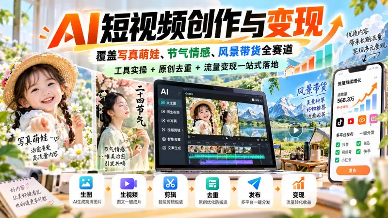 AI短视频创作与变现，覆盖写真萌娃、节气情感、风景带货全赛道