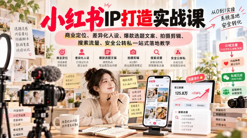 小红书ip打造实战课，商业定位、差异化人设、爆款选题文案、拍摄剪辑
