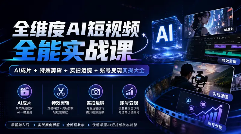全维度AI短视频全能实战课，AI成片+特效剪辑+实拍运镜