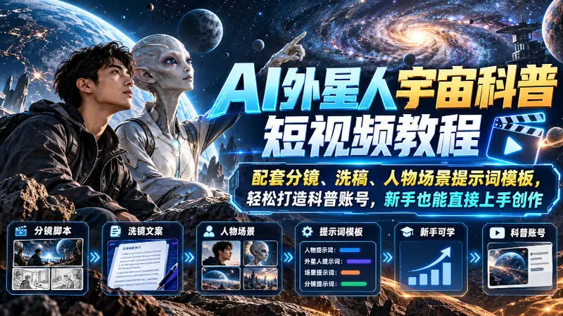 AI外星人宇宙科普短视频教程，配套分镜、洗稿、人物场景提示词模板