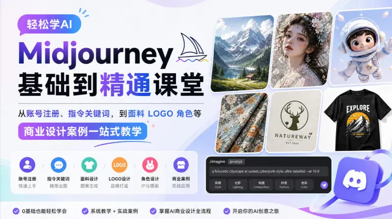 轻松学AI Midjourney基础到精通课堂，从账号注册、指令关键词，到面料LOGO角色等
