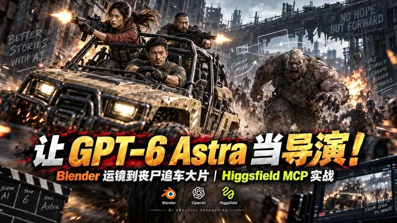 GPT-6 Astra当导演！Blender运镜到丧尸追车大片｜Higgsfield MCP实战