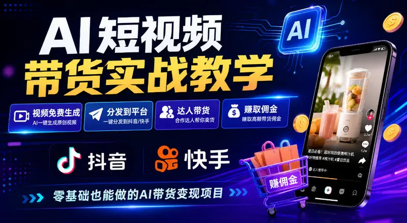 AI短视频带货实战教学，视频免费生成，分发到抖音快手平台