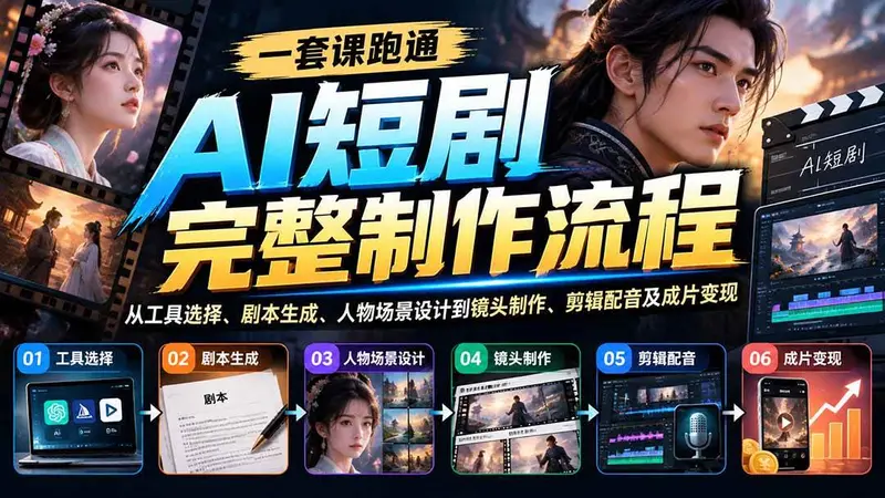 AI短剧完整制作流程：从工具选择、剧本生成、人物场景设计到镜头制作、剪辑配音及成片变现