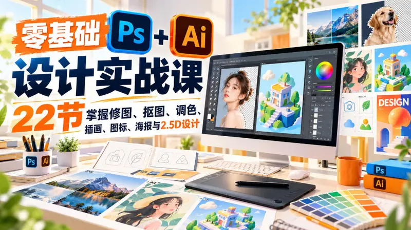 零基础PS+AI设计实战课｜22节掌握修图、抠图、调色、海报与2.5D设计