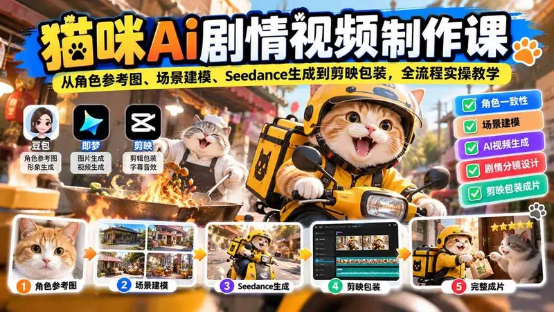 猫咪AI剧情视频制作课：从角色、场景建模、生成到剪映包装，全流程实操教学