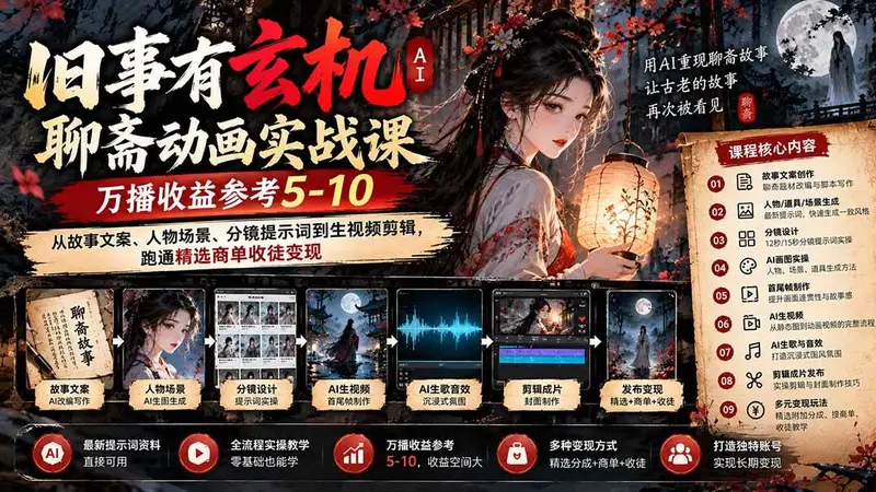 旧事有玄机AI聊斋动画实战9月新课：从故事文案、人物场景到分镜生视频
