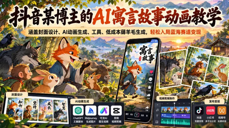 抖音某博主的AI寓言故事动画教学，涵盖封面设计、AI动画生成、工具
