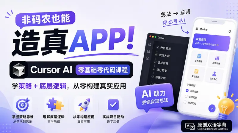 Cursor AI零基础零代码课程：学策略+底层逻辑，从零构建真实应用【原创双语字幕】