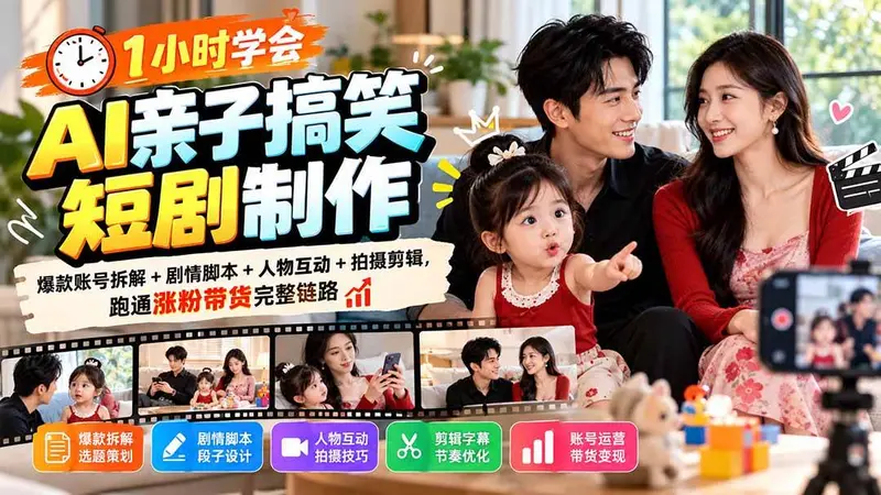 1小时学会AI亲子搞笑短剧制作：爆款账号拆解+剧情脚本+人物互动+拍摄剪辑