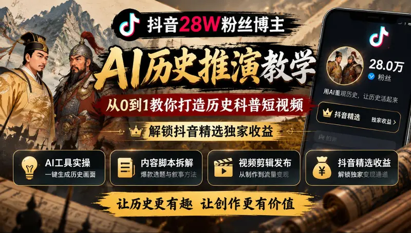 抖音28W粉丝博主的AI历史推演教学，从0到1教你打造历史科普短视频