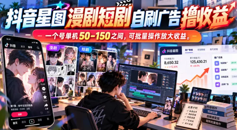 抖音星图漫剧短剧自刷广告撸收益，一个号单机50-150之间