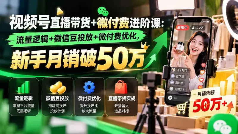 视频号直播带货+微付费进阶课：流量逻辑+微信豆投放+微付费优化，新手月销破50万