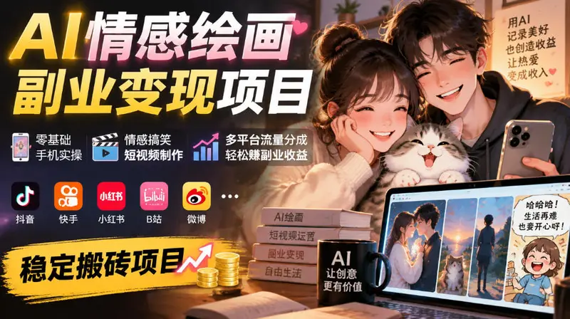 AI情感绘画副业变现项目｜零基础手机实操，情感搞笑短视频制作