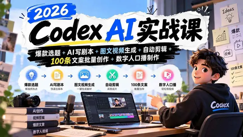 2026Codex AI实战课：爆款选题+AI写剧本+图文视频生成+自动剪辑
