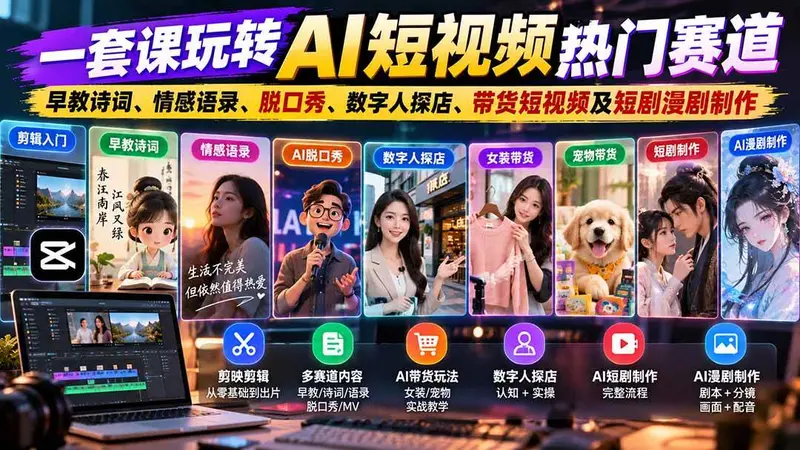 一套课玩转AI短视频热门赛道：早教诗词、情感语录、脱口秀、数字人探店、带货短视频及短剧漫剧制作