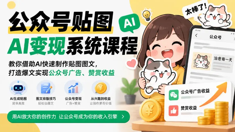 公众号贴图AI变现系统课程，教你借助AI快速制作贴图图文，打造爆文