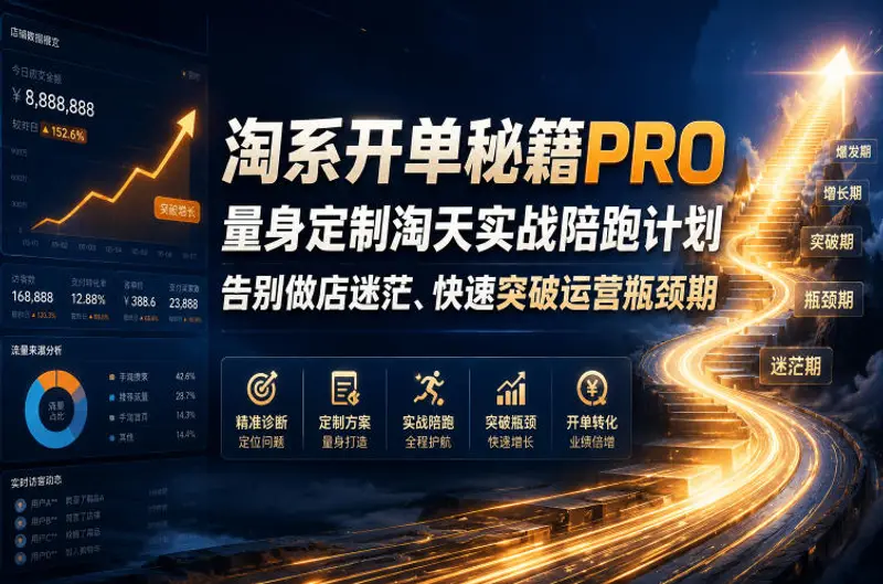 淘系开单秘籍PRO,量身定制淘天实战陪跑计划,告别做店迷茫、快速突破运营瓶颈期 第1张 淘系开单秘籍PRO,量身定制淘天实战陪跑计划,告别做店迷茫、快速突破运营瓶颈期 第1张