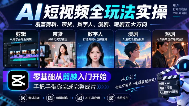 AI短视频全玩法实操，覆盖剪辑、带货、数字人、漫剧、短剧五大方向，零基础从剪映入门开始