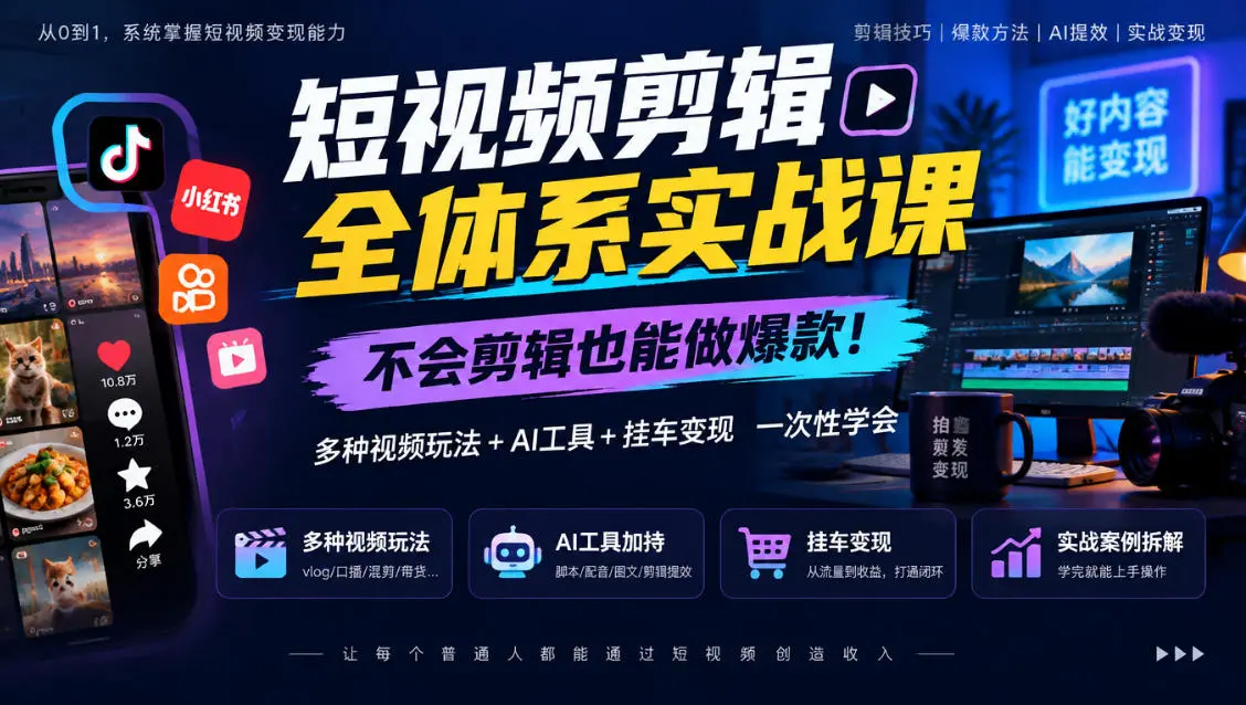 短视频剪辑全体系实战课,不会剪辑也能做爆款,多种视频玩法+AI工具+挂车变现 第1张 短视频剪辑全体系实战课,不会剪辑也能做爆款,多种视频玩法+AI工具+挂车变现 第1张