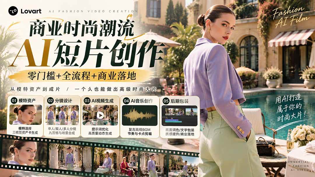 一张模特图到高级时尚广告大片：AI三视图资产、场景合成、电影分镜、动态生成与复古音乐剪辑实战课