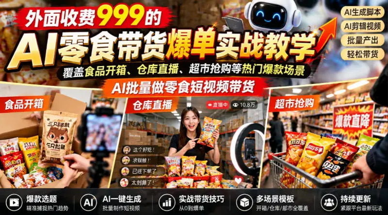 收费999的AI零食带货爆单实战教学，AI批量做零食短视频带货