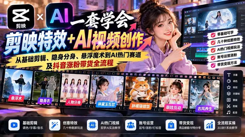 剪映特效+AI视频创作:从基础剪辑、隐身分身、悬浮魔术到AI热门赛道及抖音涨粉带货全流程 第1张 剪映特效+AI视频创作:从基础剪辑、隐身分身、悬浮魔术到AI热门赛道及抖音涨粉带货全流程 第1张