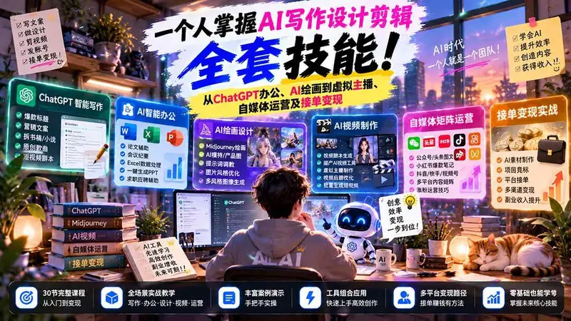 一个人掌握AI写作设计剪辑全套技能:从ChatGPT办公、AI绘画到虚拟主播、自媒体运营及接单变现 第1张 一个人掌握AI写作设计剪辑全套技能:从ChatGPT办公、AI绘画到虚拟主播、自媒体运营及接单变现 第1张