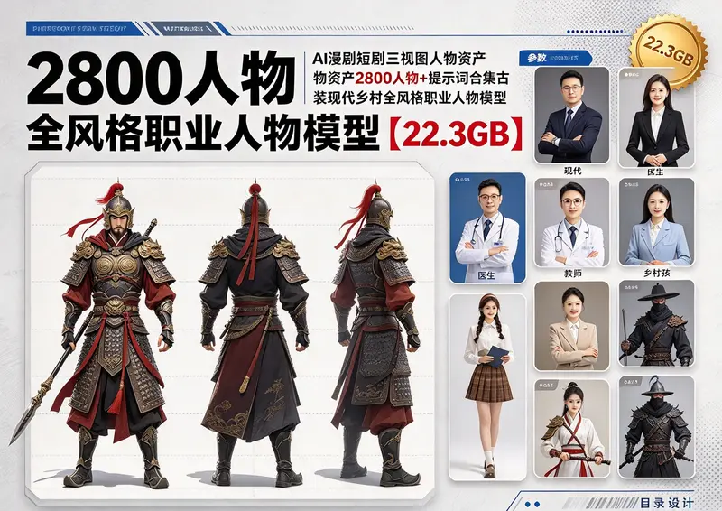 AI漫剧三视图人物资产2800人物提示词大全【22.3GB】 第1张 AI漫剧三视图人物资产2800人物提示词大全【22.3GB】 第1张